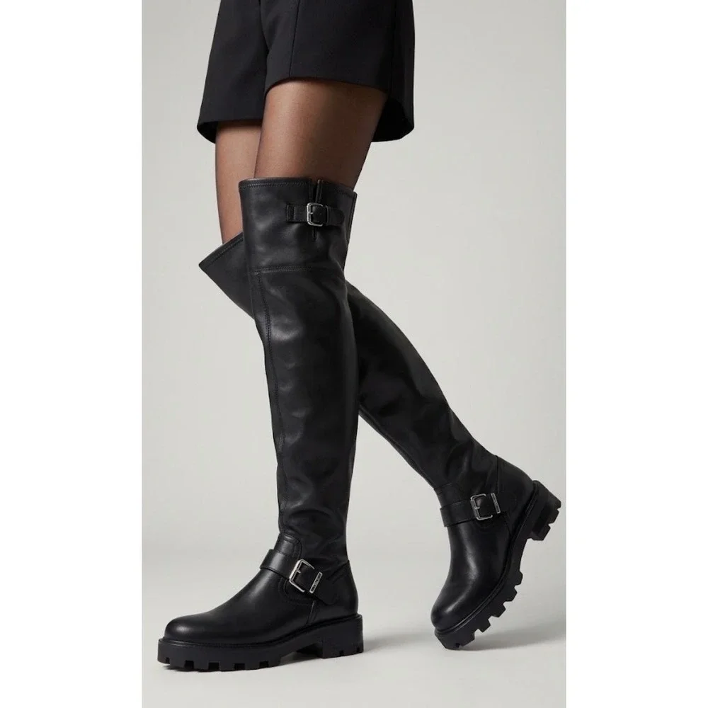 Marc fisher LTD Over The Knee Lug Sole Moto Boots Black Buckle Size 5.5 Side Zip